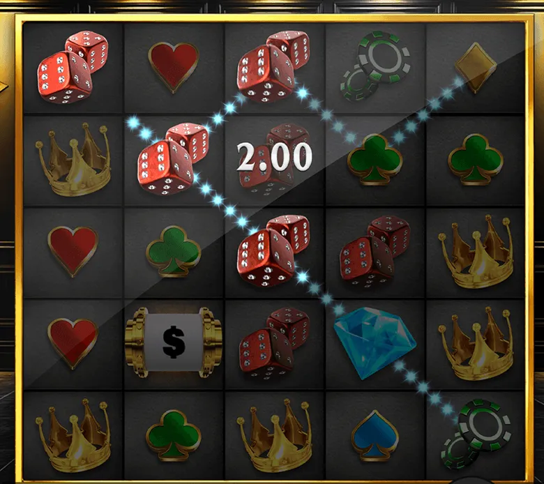 The Power of Ten board: five columns and five rows of dice, hearts, clubs, spades, crowns and a gold cash case, with a winning line lit across it