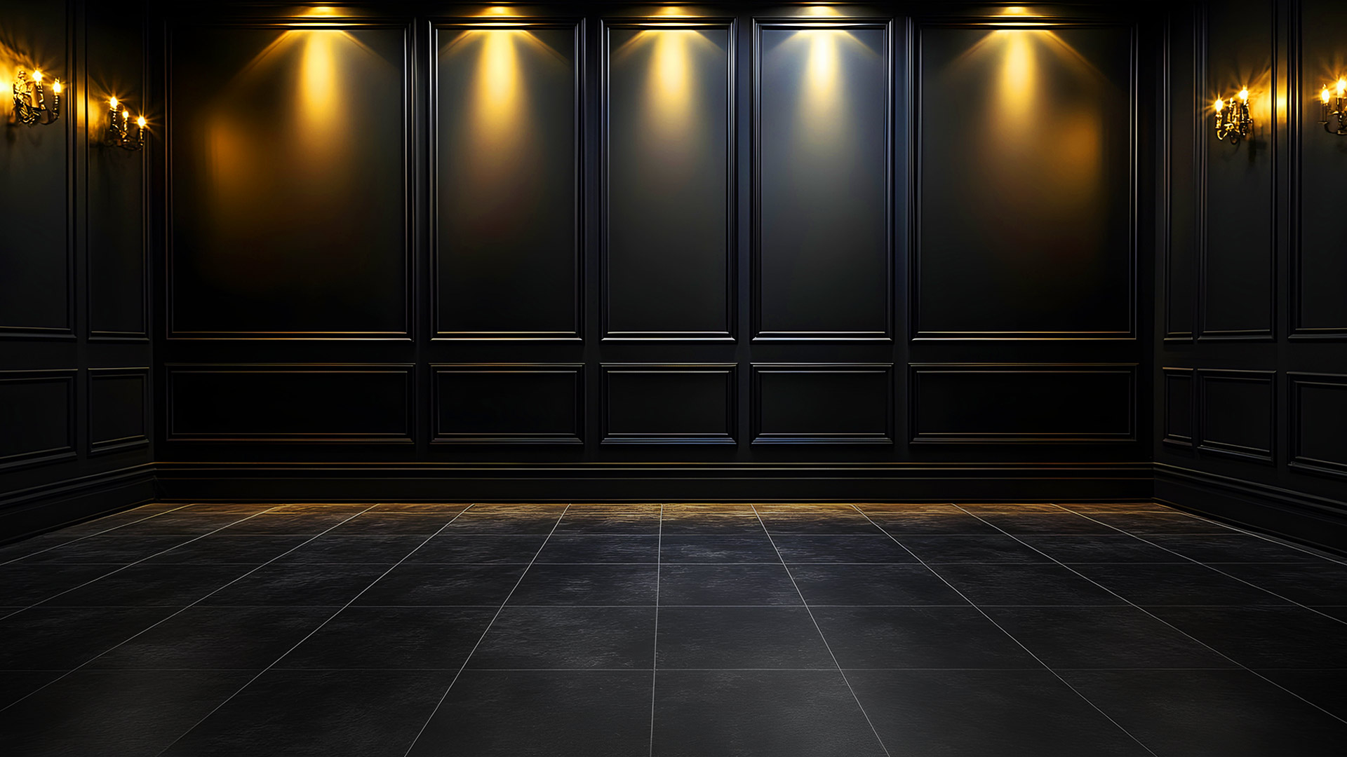 Official Power of Ten black salon with gold spotlights and wall panels