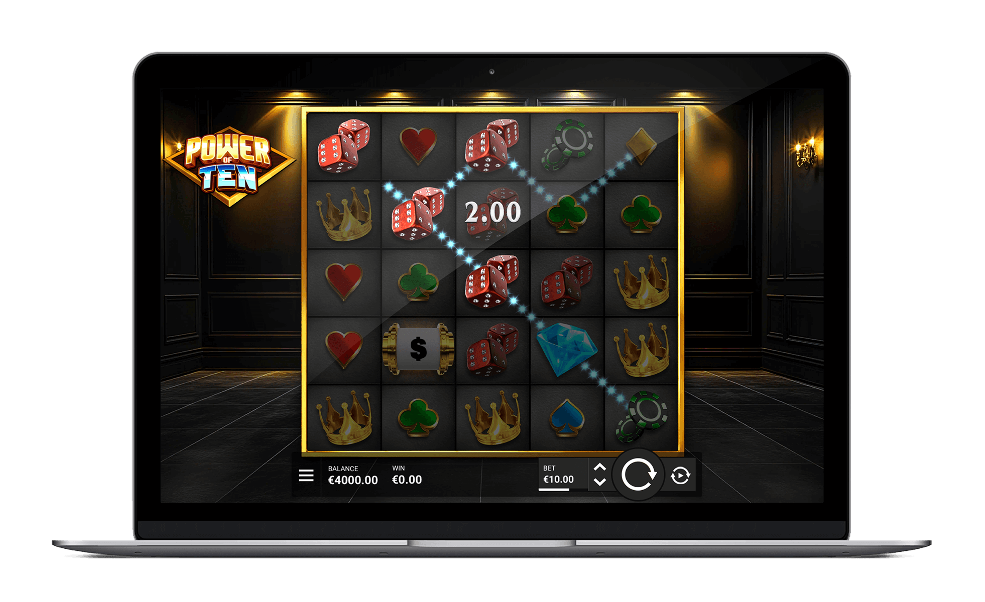 Power of Ten laptop screen with reel symbols, Power Wheels and salon interior
